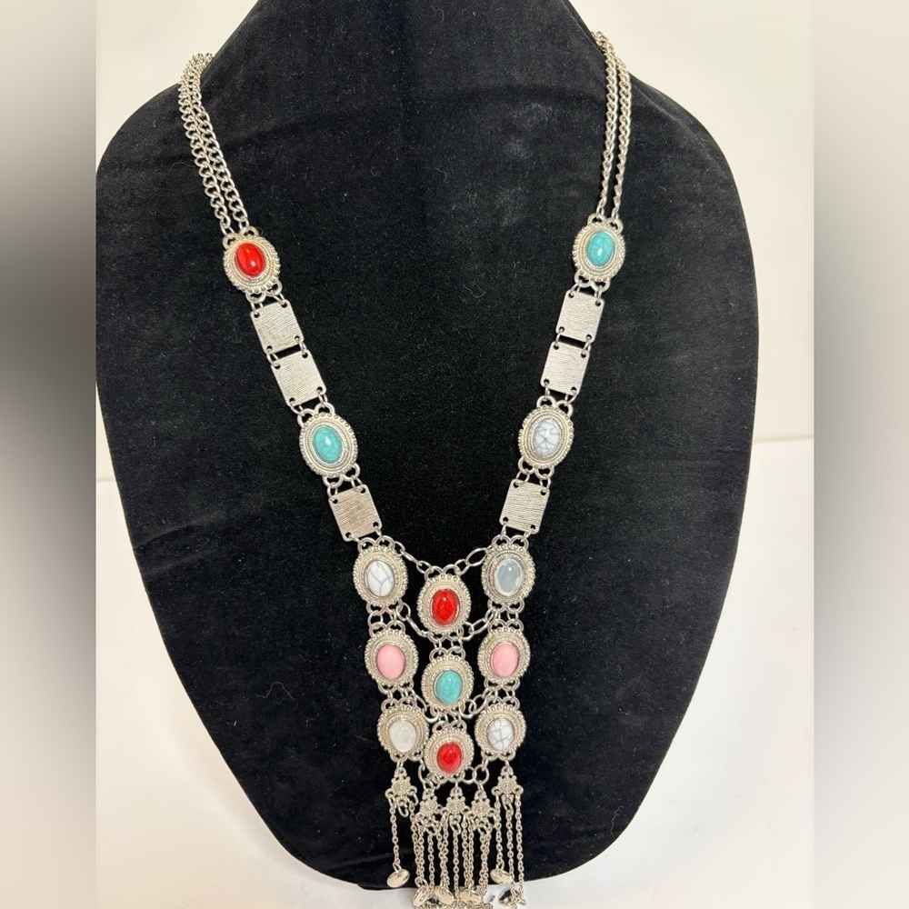 Bohemian hipster maxi length statement necklace with stone accents